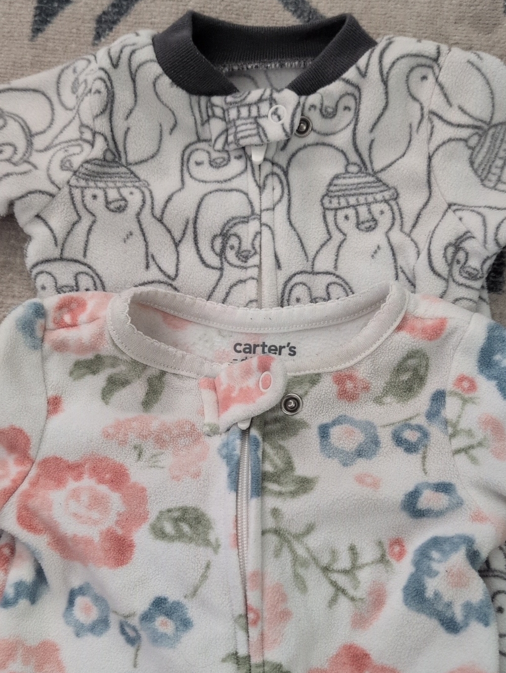 Lot Of 2 Carter's Fleece Zip Footie Set - Penguin & Floral Size 0-3 Month